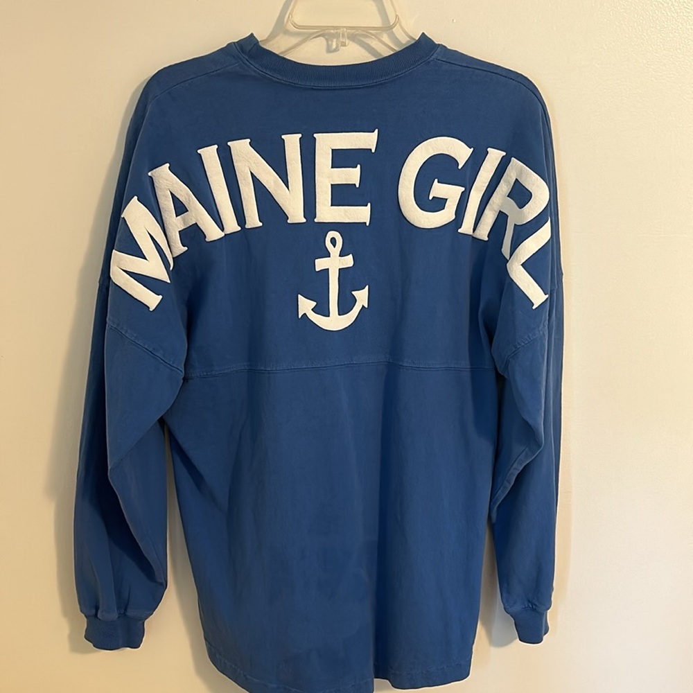 Spirit Jersey Maine Girl dropped shoulder long sleeve Blue Jersey Sweater size S - Picture 1 of 11